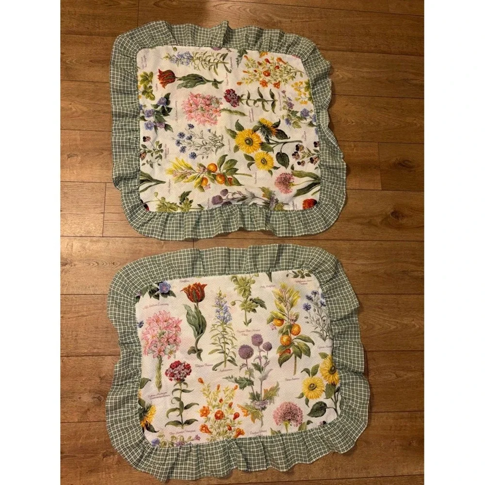 Vintage Botanical Floral Ruffle Pillowcases Set of 2 Gingham Green White Square